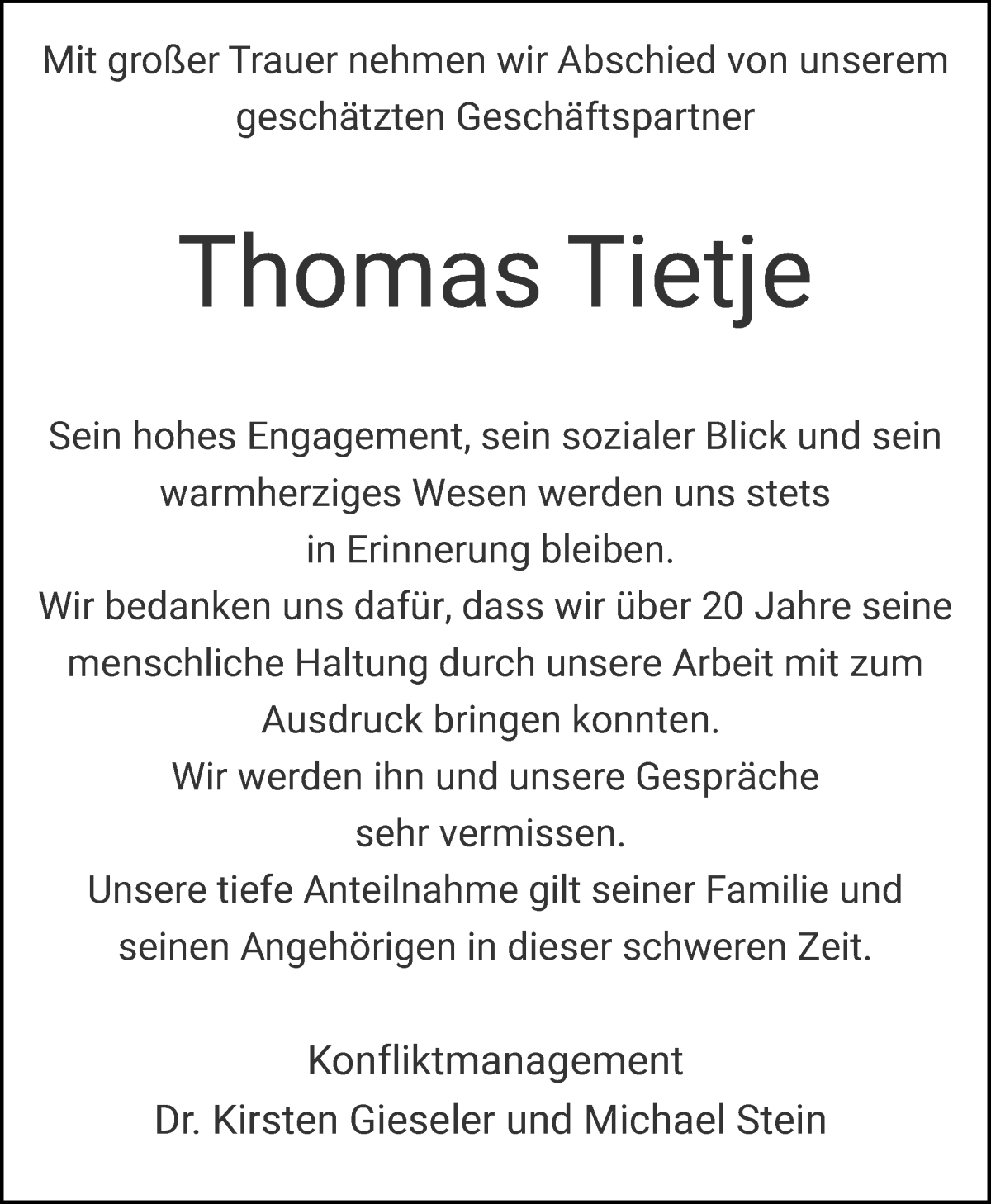 Traueranzeige von Thomas Tietje von WESER-KURIER
