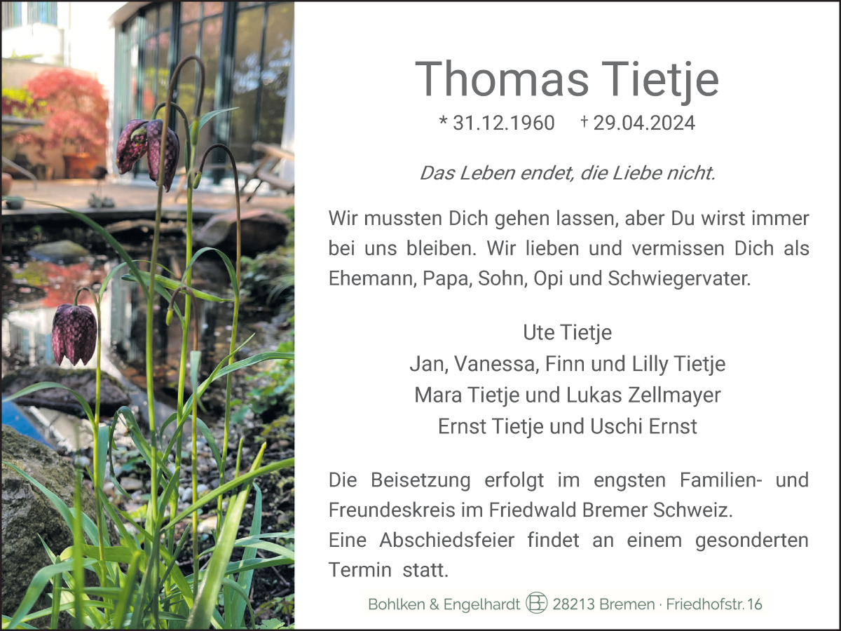 Traueranzeige von Thomas Tietje von WESER-KURIER