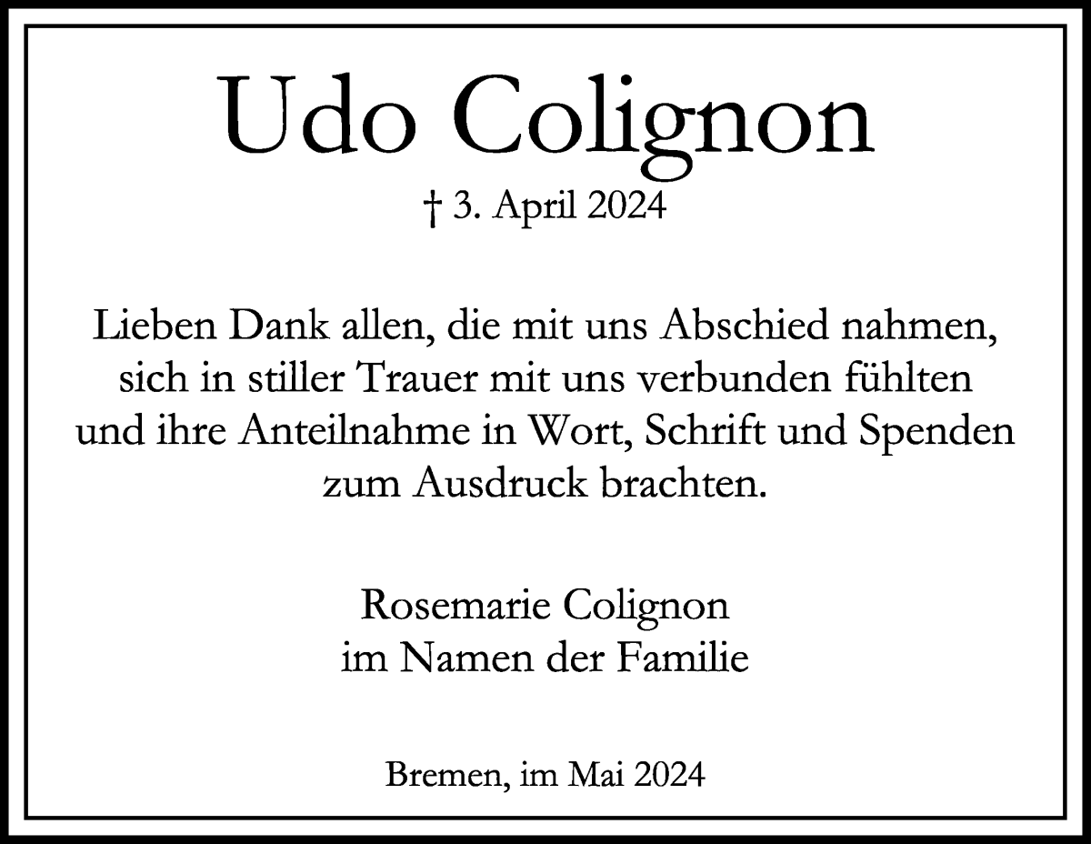 Traueranzeige von Udo Colignon von WESER-KURIER