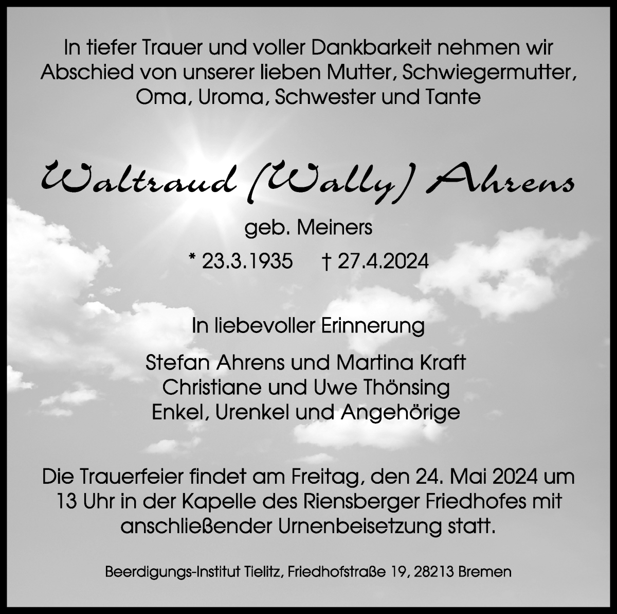 Traueranzeige von Waltraud Ahrens von WESER-KURIER