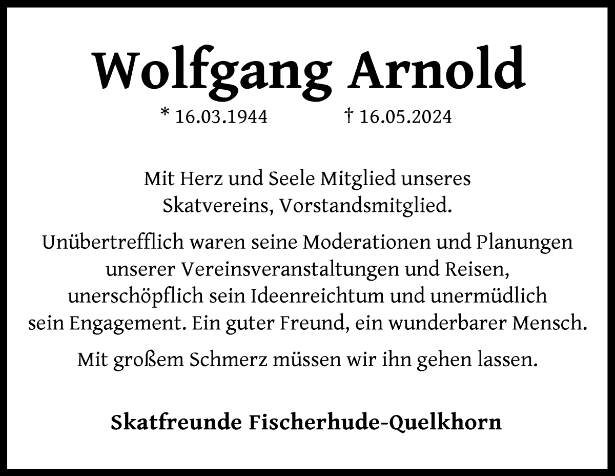 Traueranzeige von Wolfgang Arnold von Achimer Kurier/Verdener Nachrichten