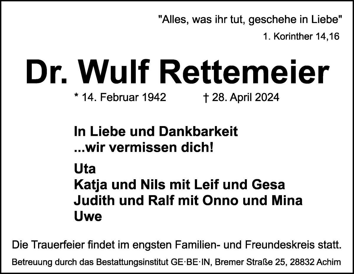 Traueranzeige von Wulf Rettemeier von WESER-KURIER