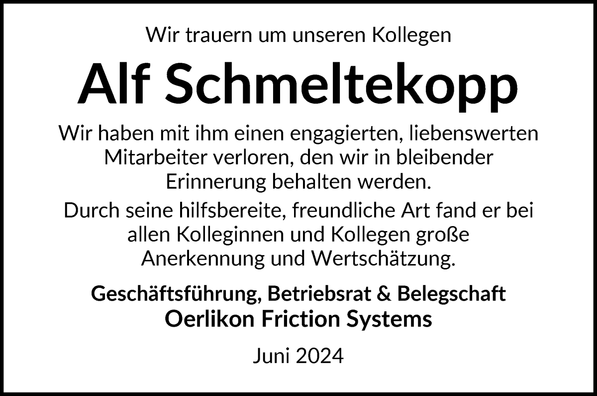 Traueranzeige von Alf Schmeltekopp von WESER-KURIER