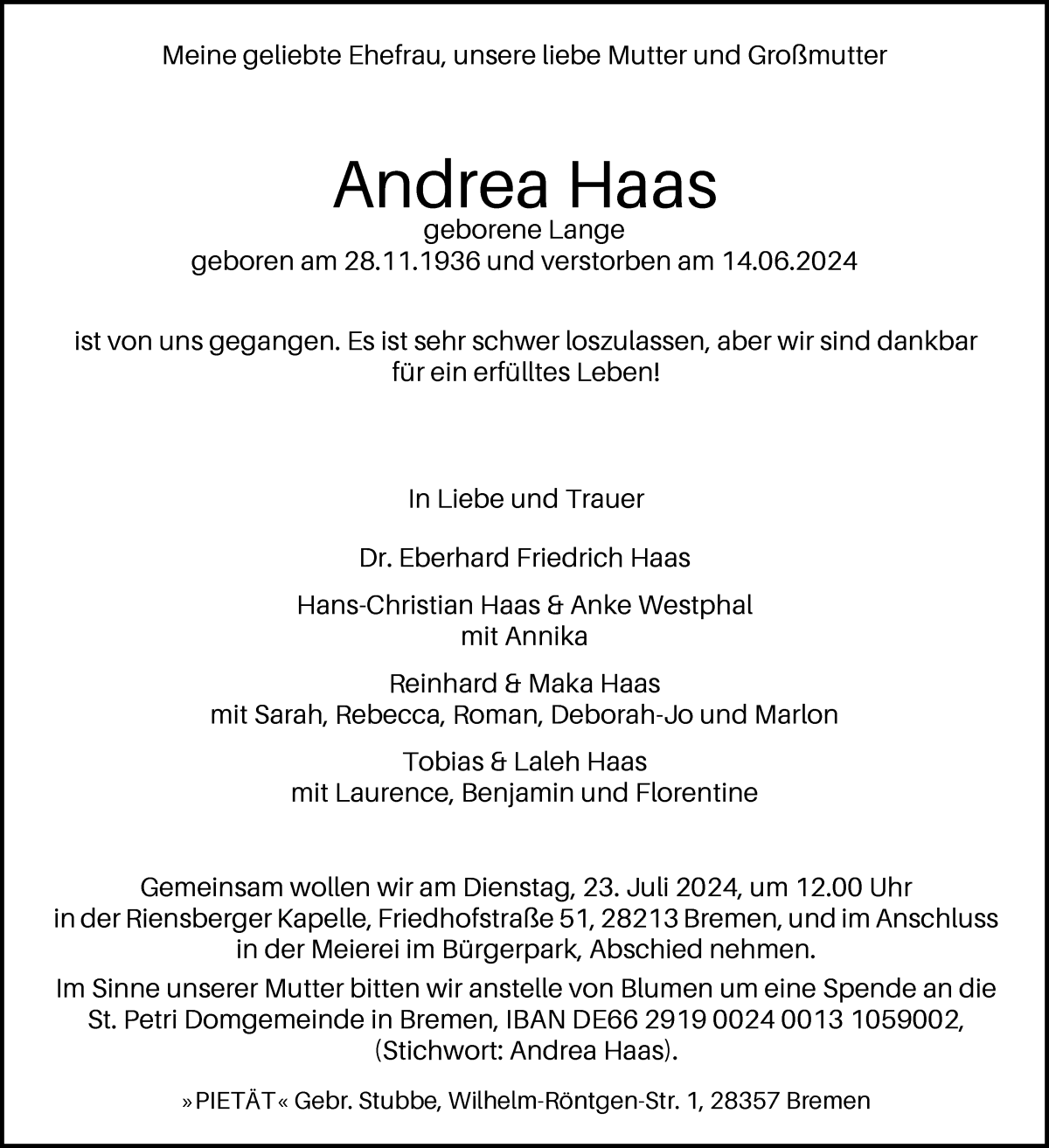 Traueranzeige von Andrea Haas von WESER-KURIER