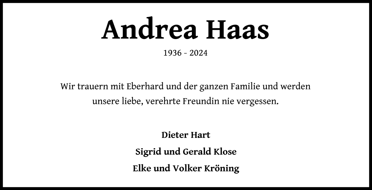Traueranzeige von Andrea Haas von WESER-KURIER