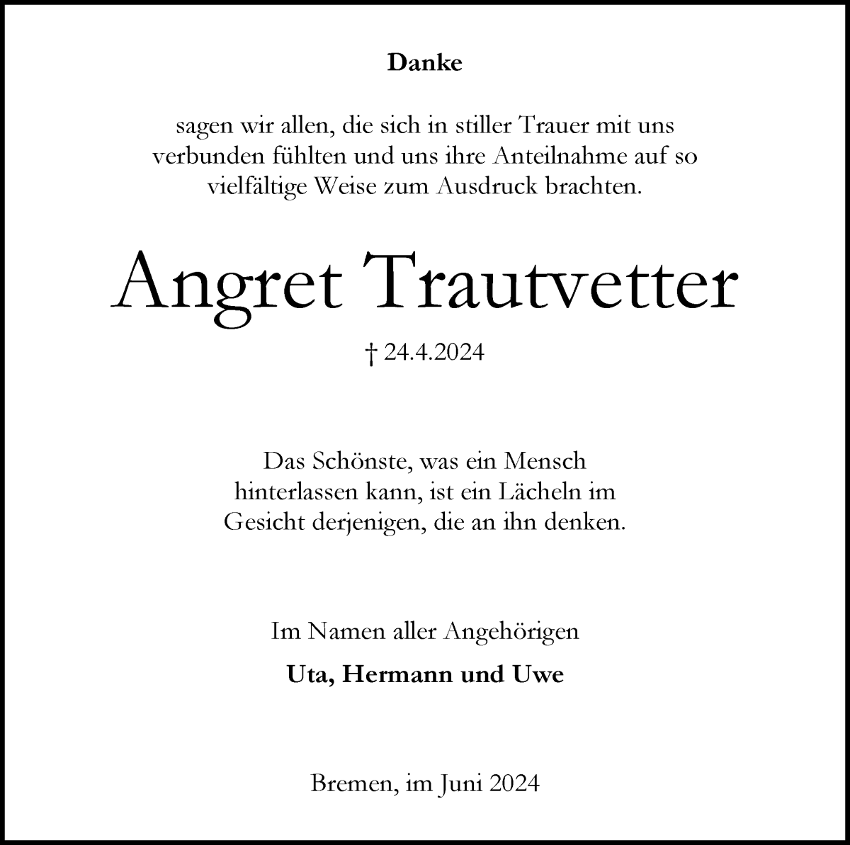 Traueranzeige von Angret Trautvetter von WESER-KURIER