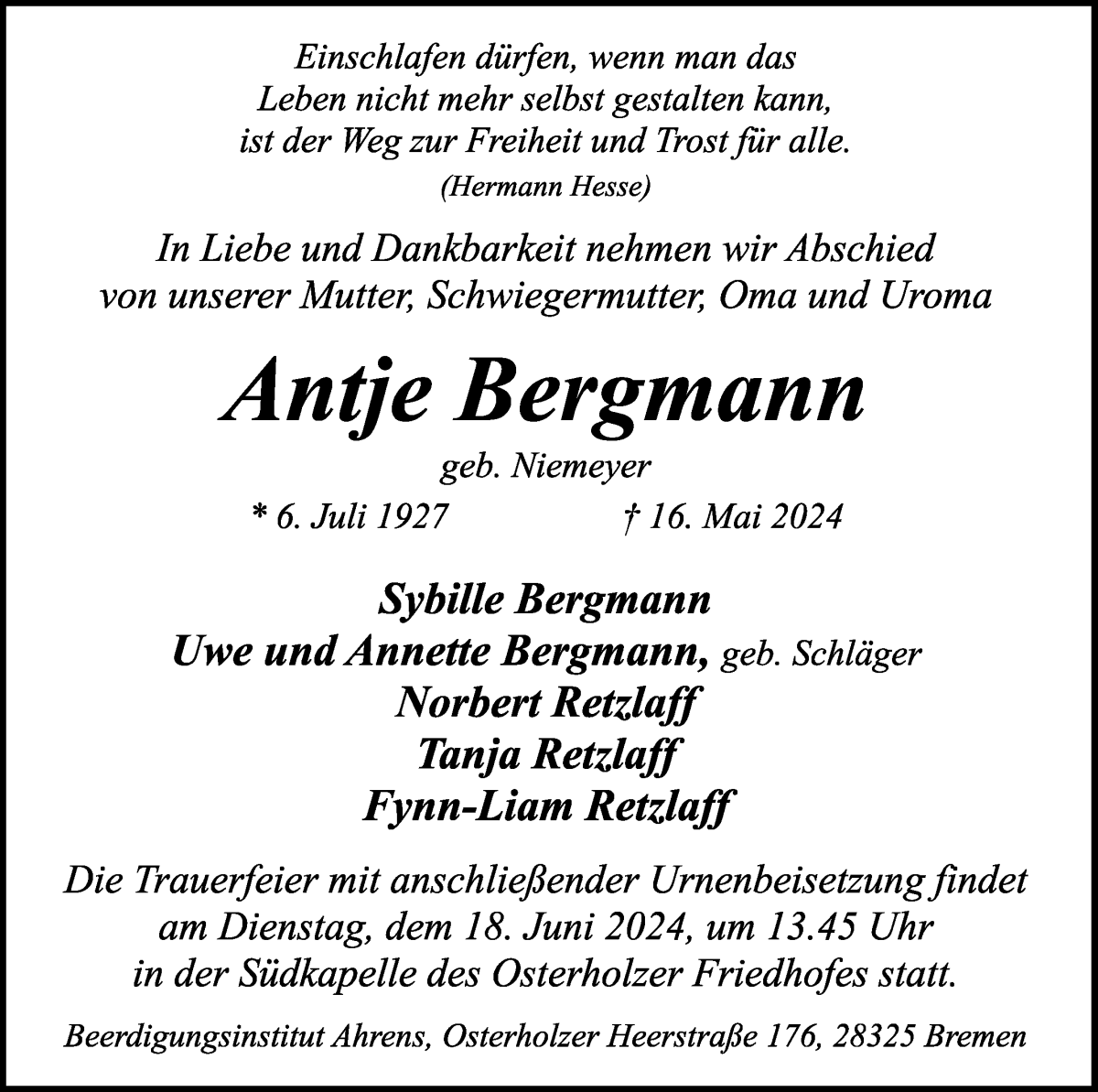 Traueranzeige von Antje Bergmann von WESER-KURIER