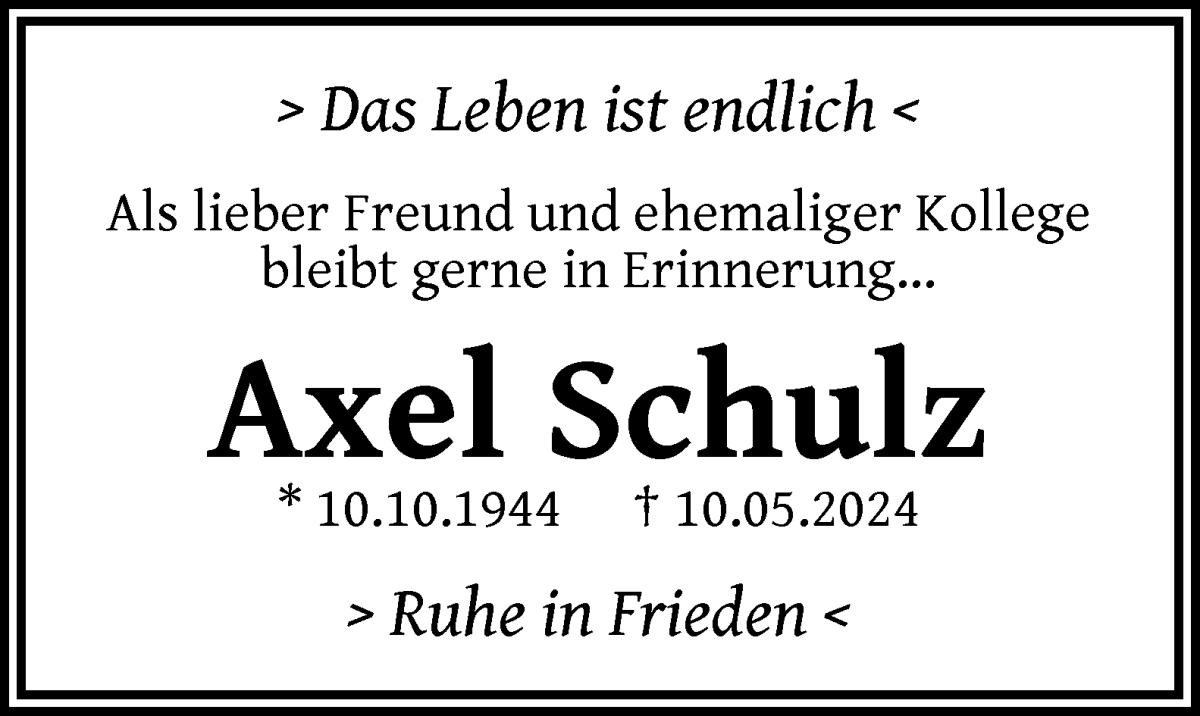 Traueranzeige von Axel Schulz von WESER-KURIER