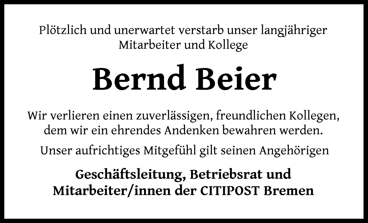 Traueranzeige von Bernd Beier von WESER-KURIER