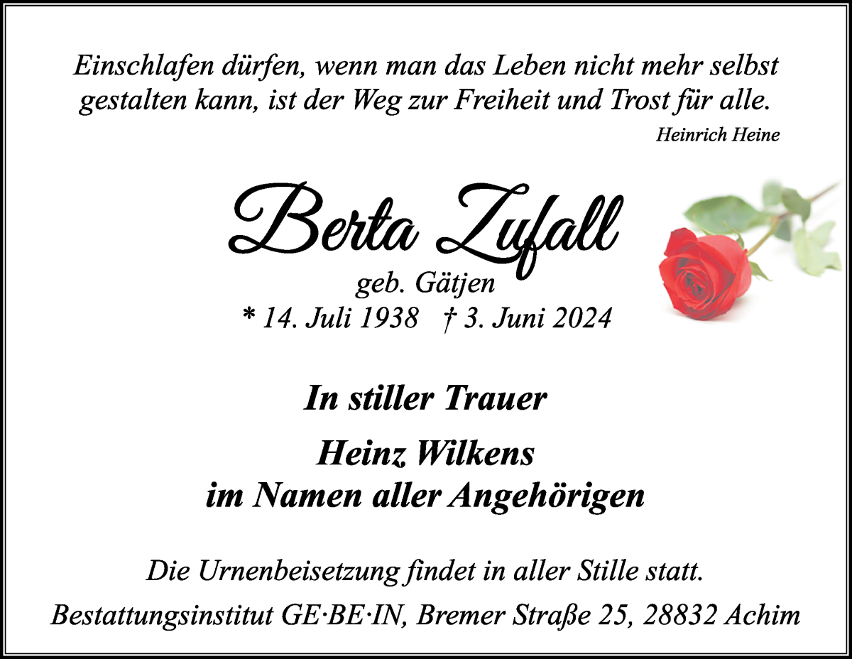 Traueranzeige von Berta Zufall von WESER-KURIER