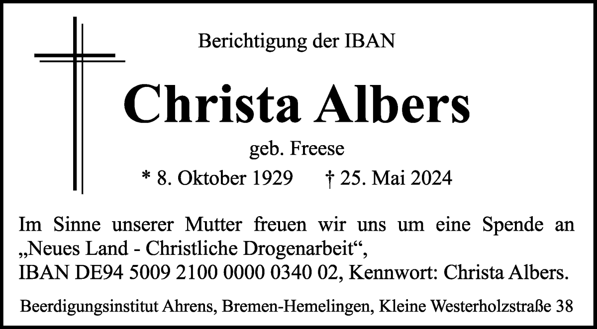 Traueranzeige von Christa Albers von WESER-KURIER