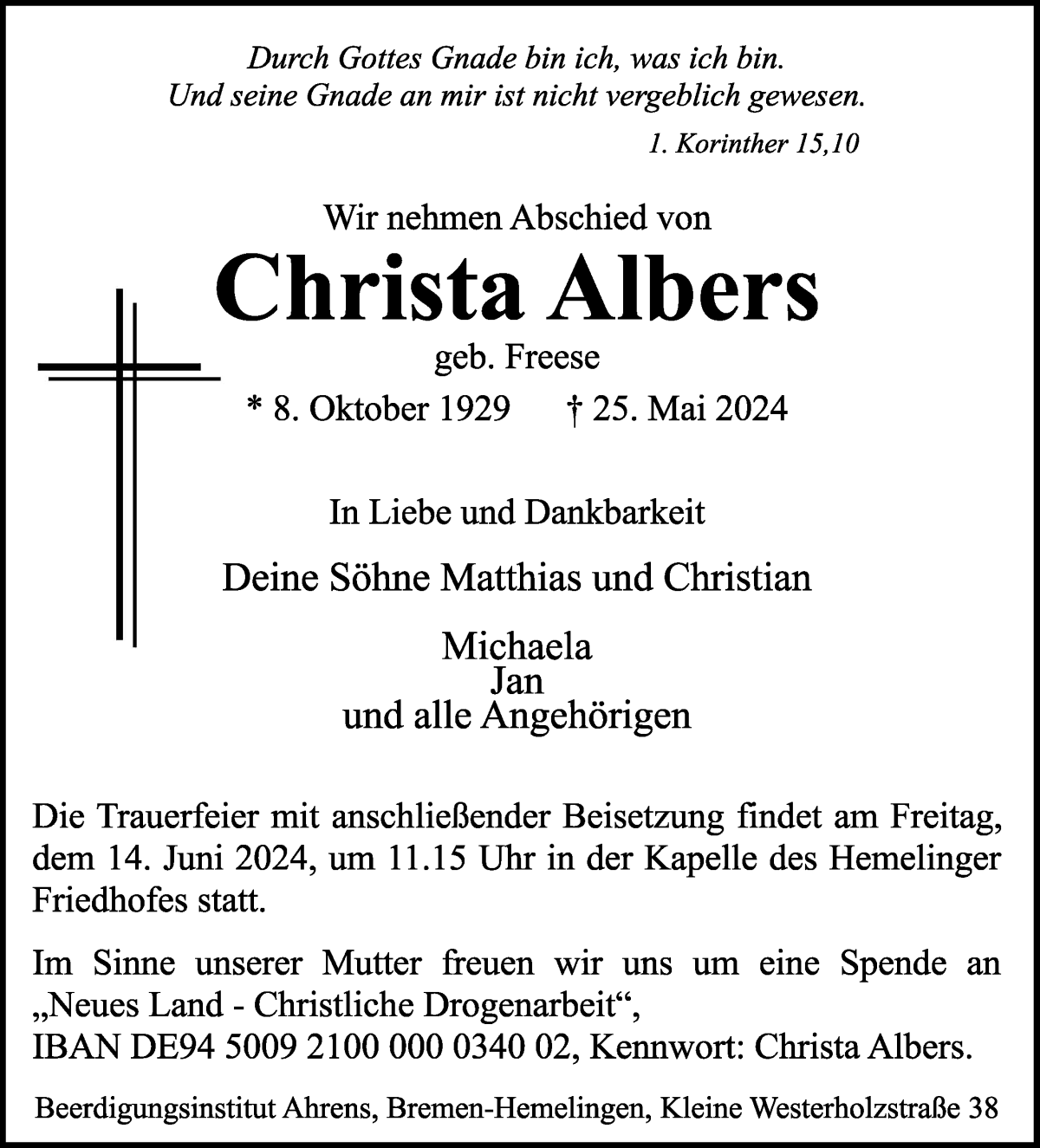 Traueranzeige von Christa Albers von WESER-KURIER