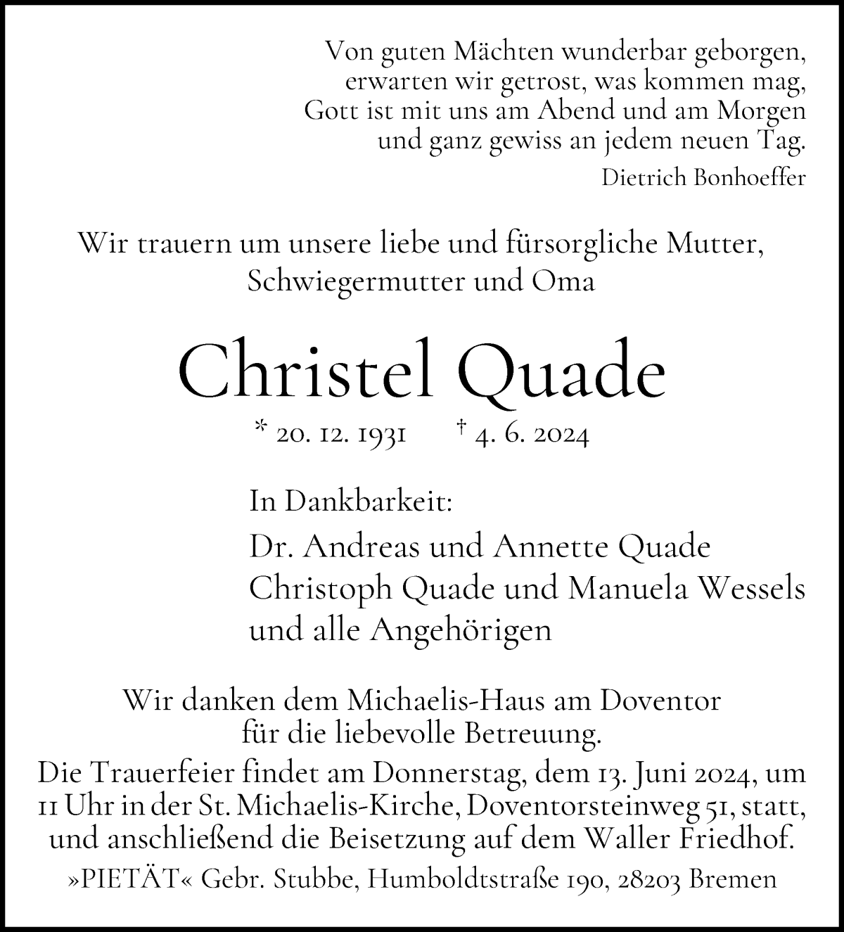Traueranzeige von Christel Quade von WESER-KURIER