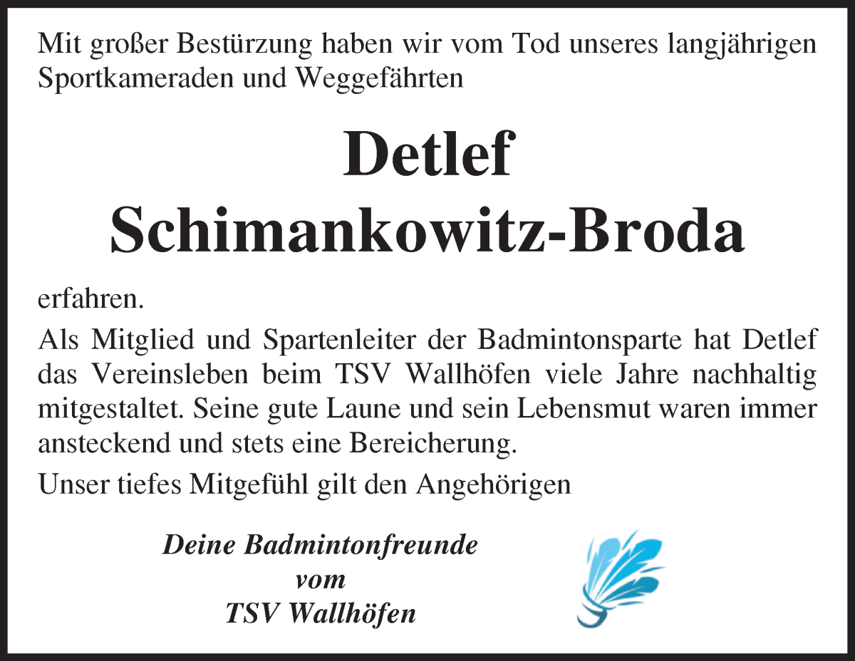 Traueranzeige von Detlef Schimankowitz-Broda von Osterholzer Kreisblatt