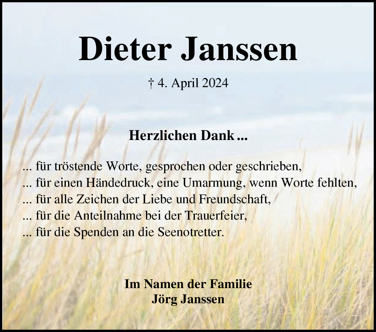 Traueranzeige von Dieter Janssen von Die Norddeutsche