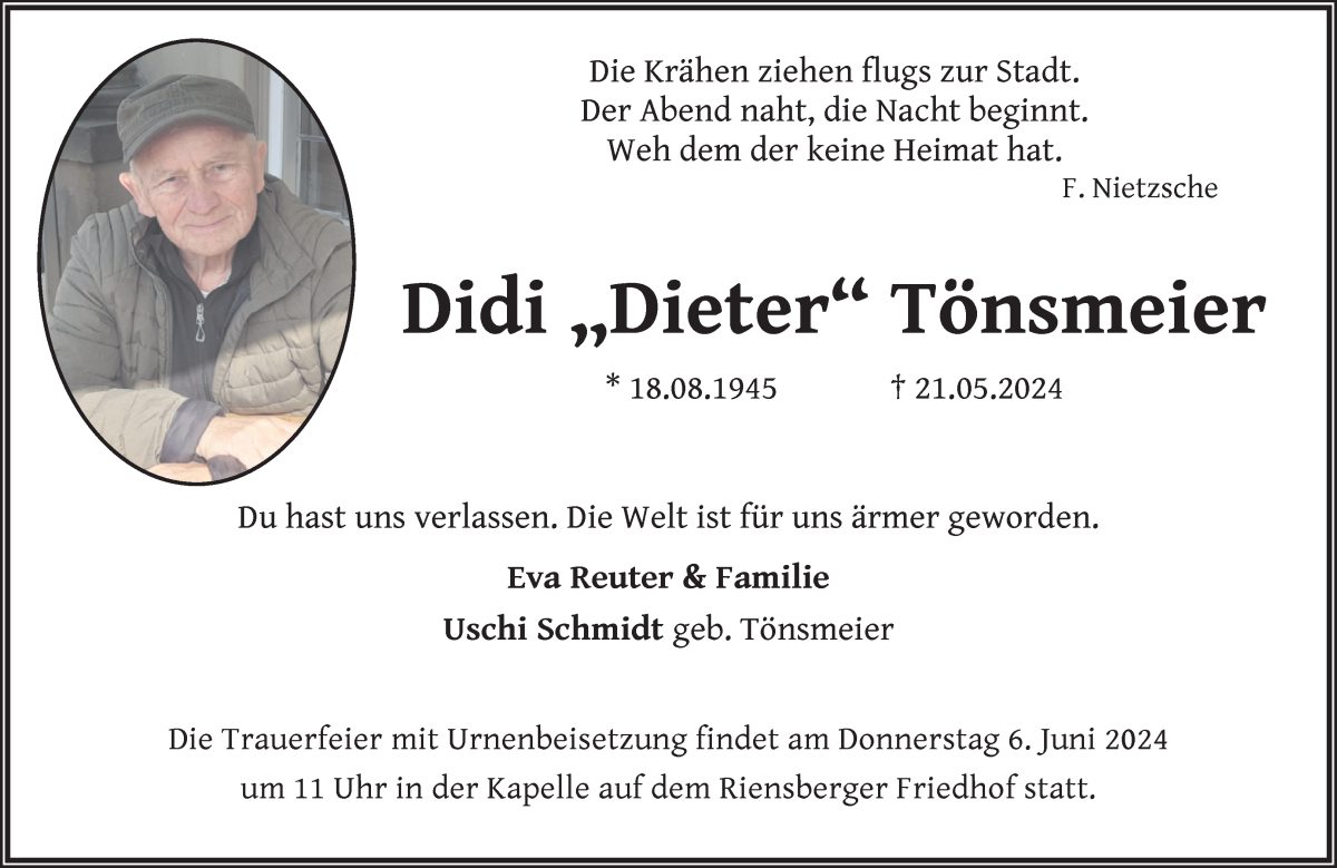 Traueranzeige von Dieter Tönsmeier von WESER-KURIER