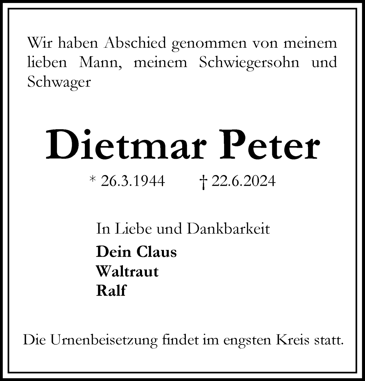 Traueranzeige von Dietmar Peter von WESER-KURIER