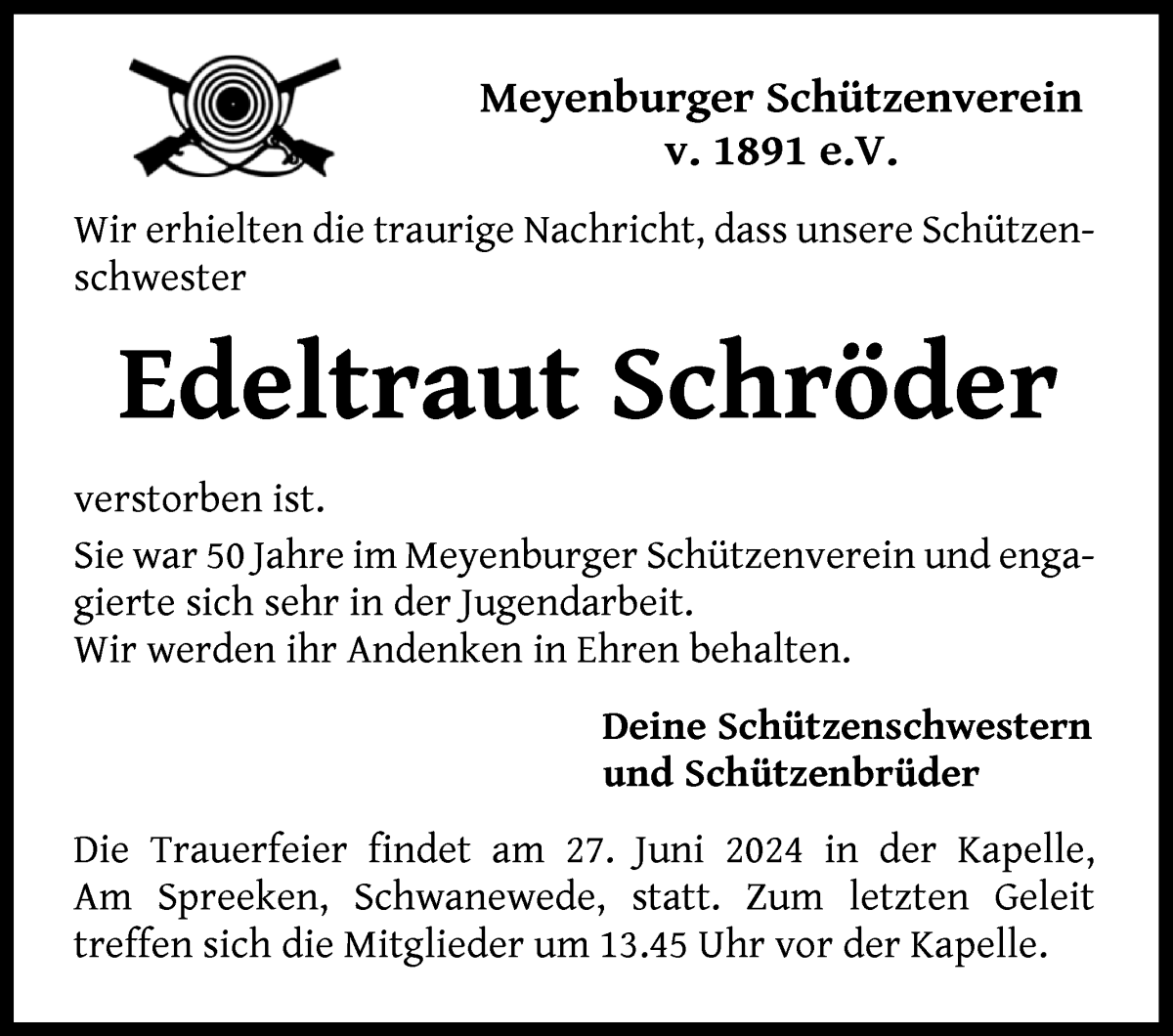 Traueranzeige von Edeltraut Schröder von Die Norddeutsche