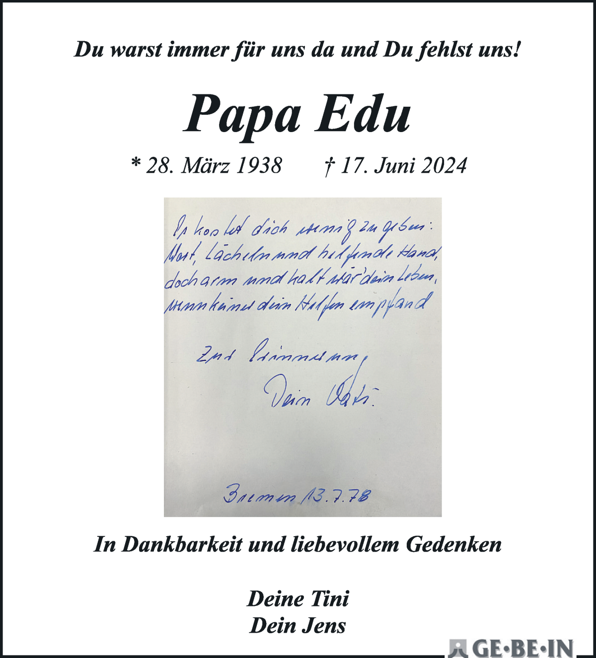 Traueranzeige von Eduard Aldag von WESER-KURIER