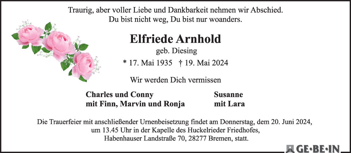 Traueranzeige von Elfriede Arnhold von WESER-KURIER