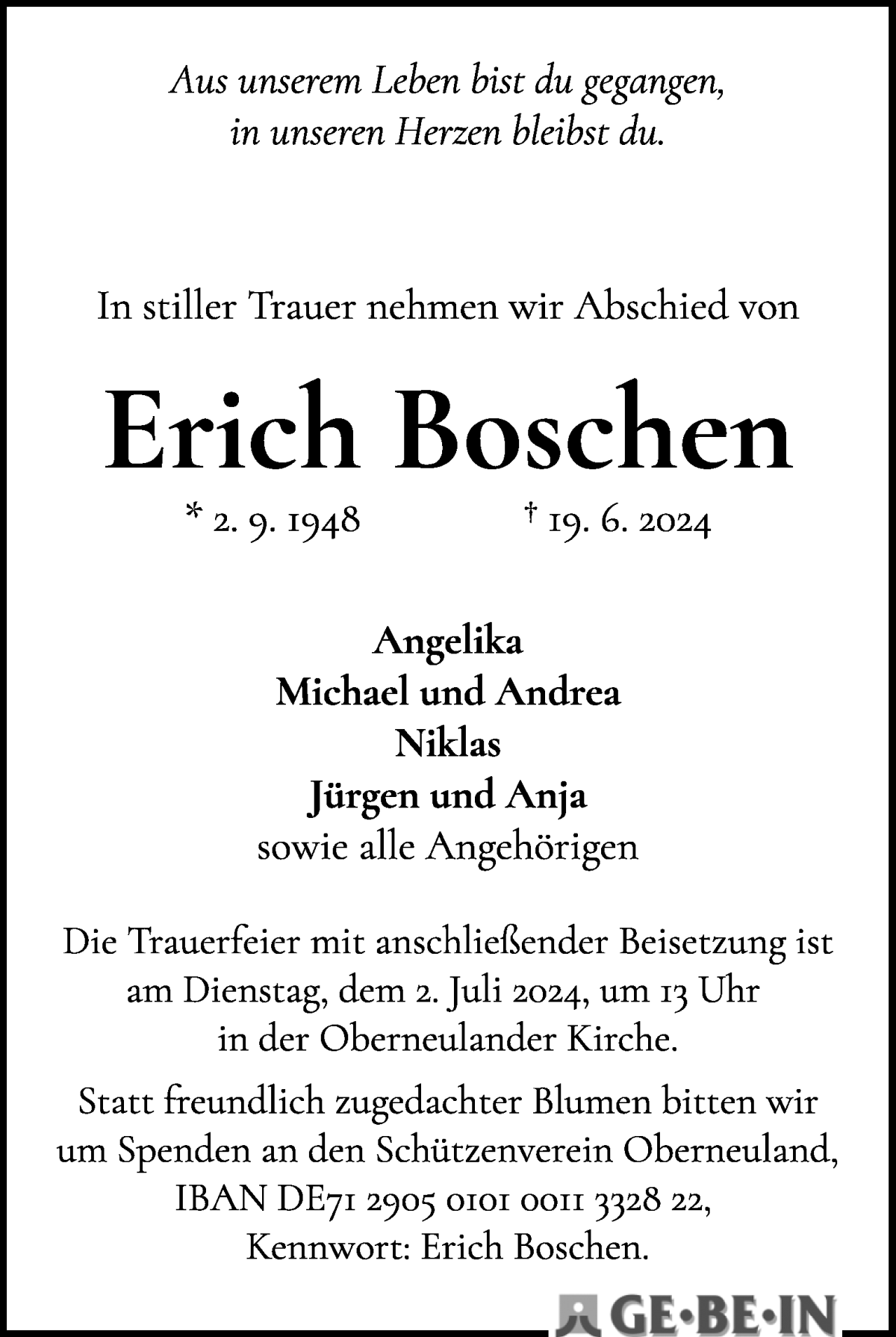 Traueranzeige von Erich Boschen von WESER-KURIER