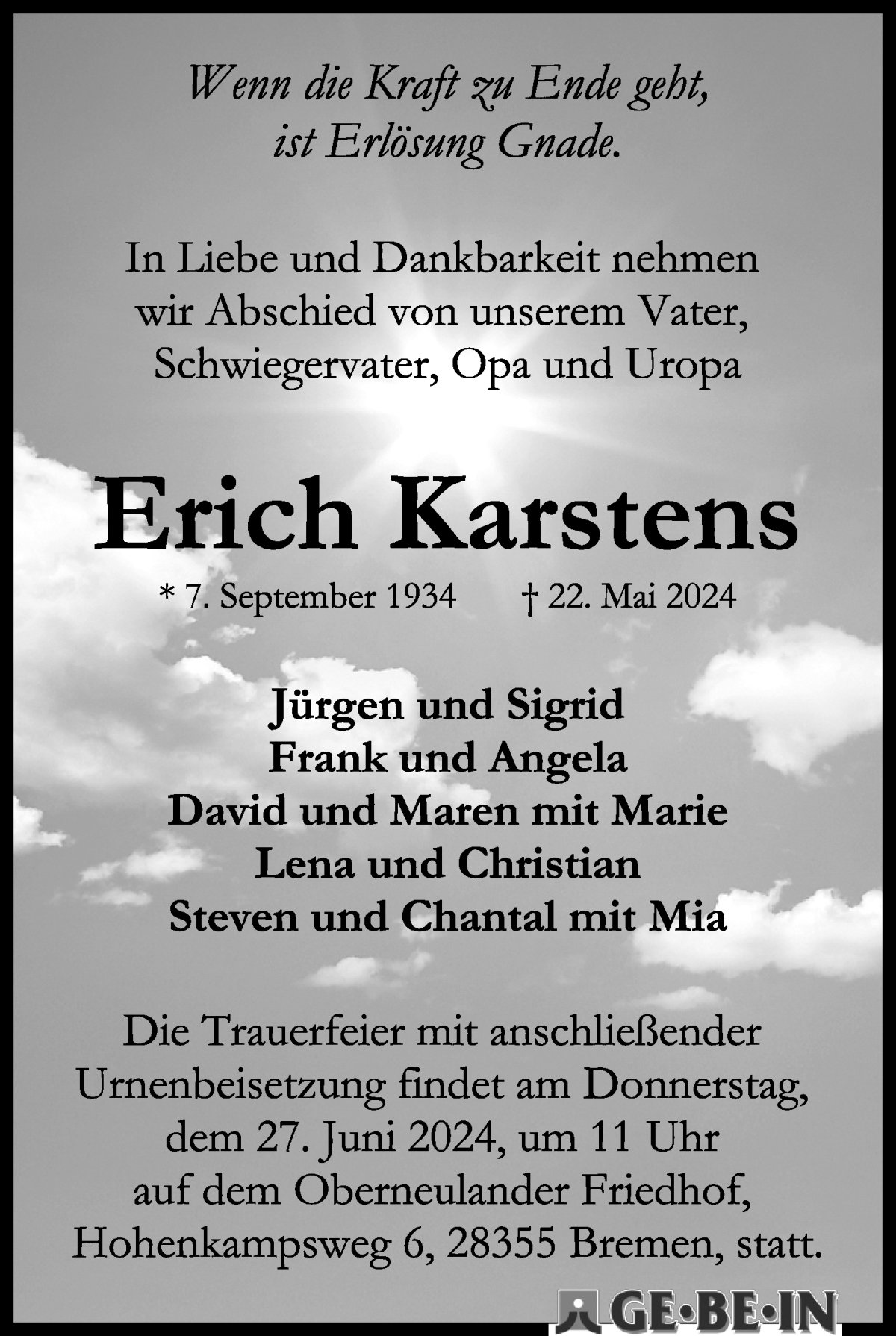 Traueranzeige von Erich Karstens von WESER-KURIER
