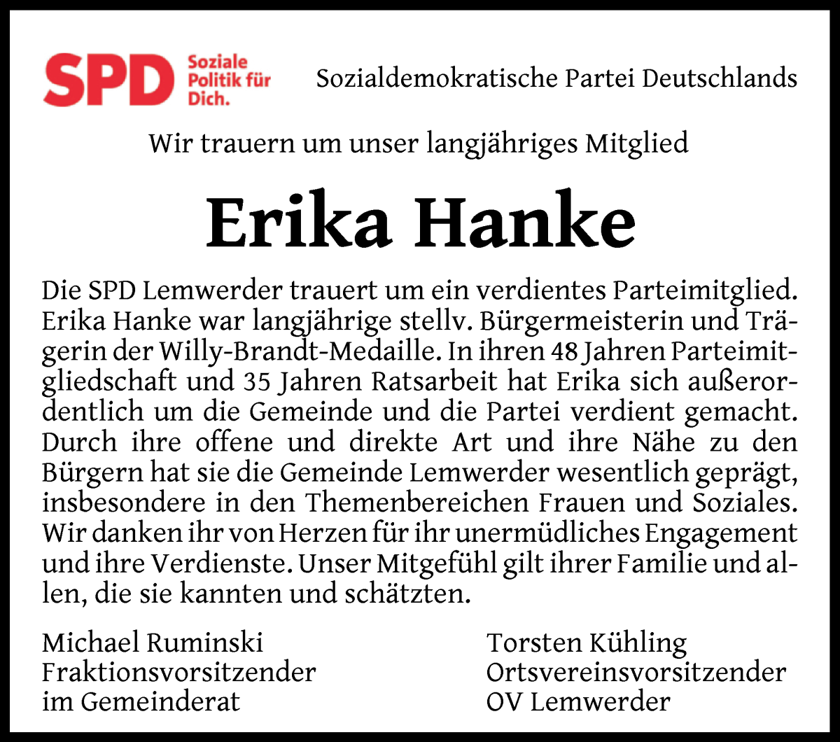 Traueranzeige von Erika Hanke von Die Norddeutsche