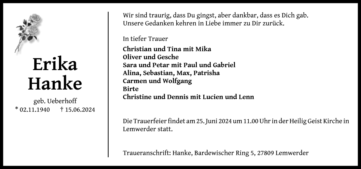 Traueranzeige von Erika Hanke von Delmenhorster Kurier