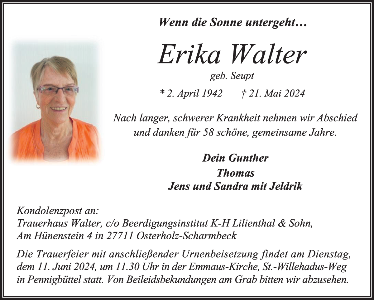Traueranzeige von Erika Walter von Osterholzer Kreisblatt