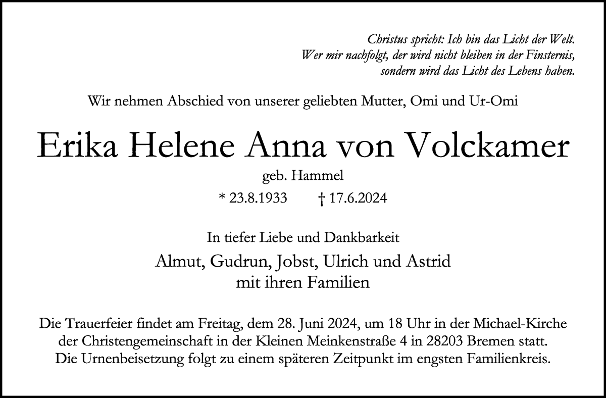 Traueranzeige von Erika Helene Anna von Volckamer von WESER-KURIER