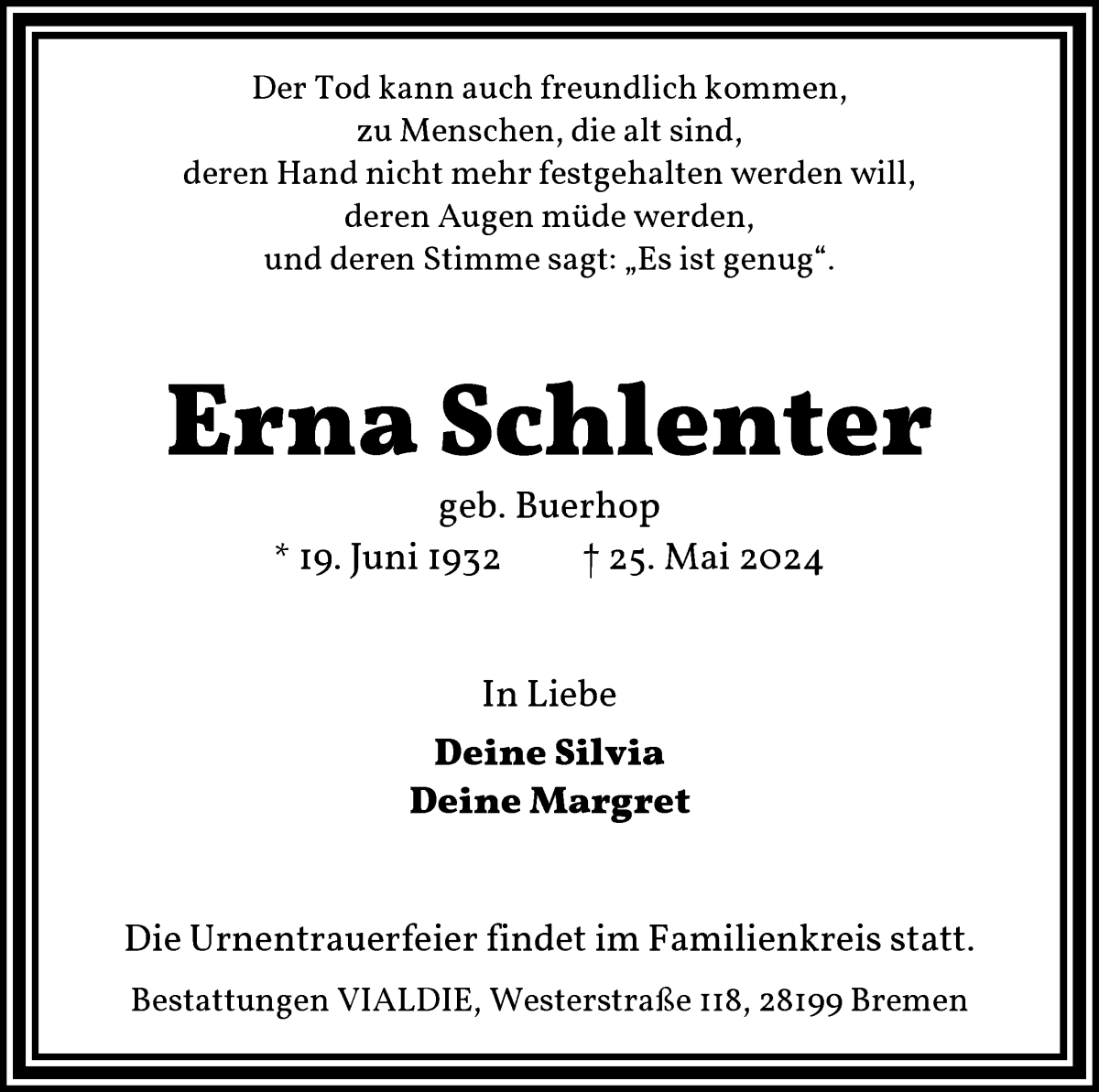Traueranzeige von Erna Schlenter von WESER-KURIER