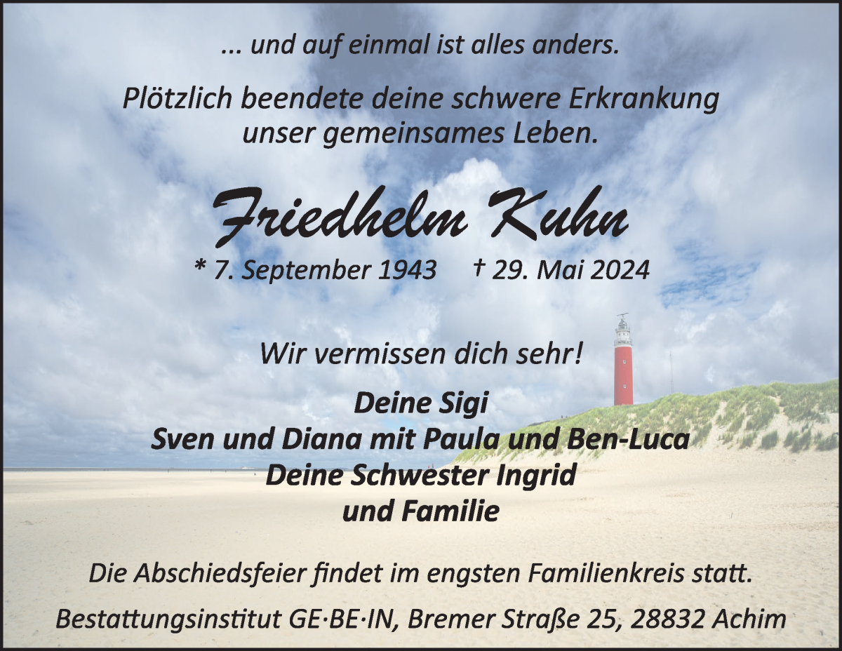 Traueranzeige von Friedhelm Kuhn von WESER-KURIER