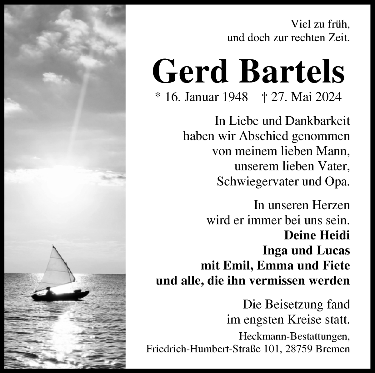 Traueranzeige von Gerd Bartels von Die Norddeutsche