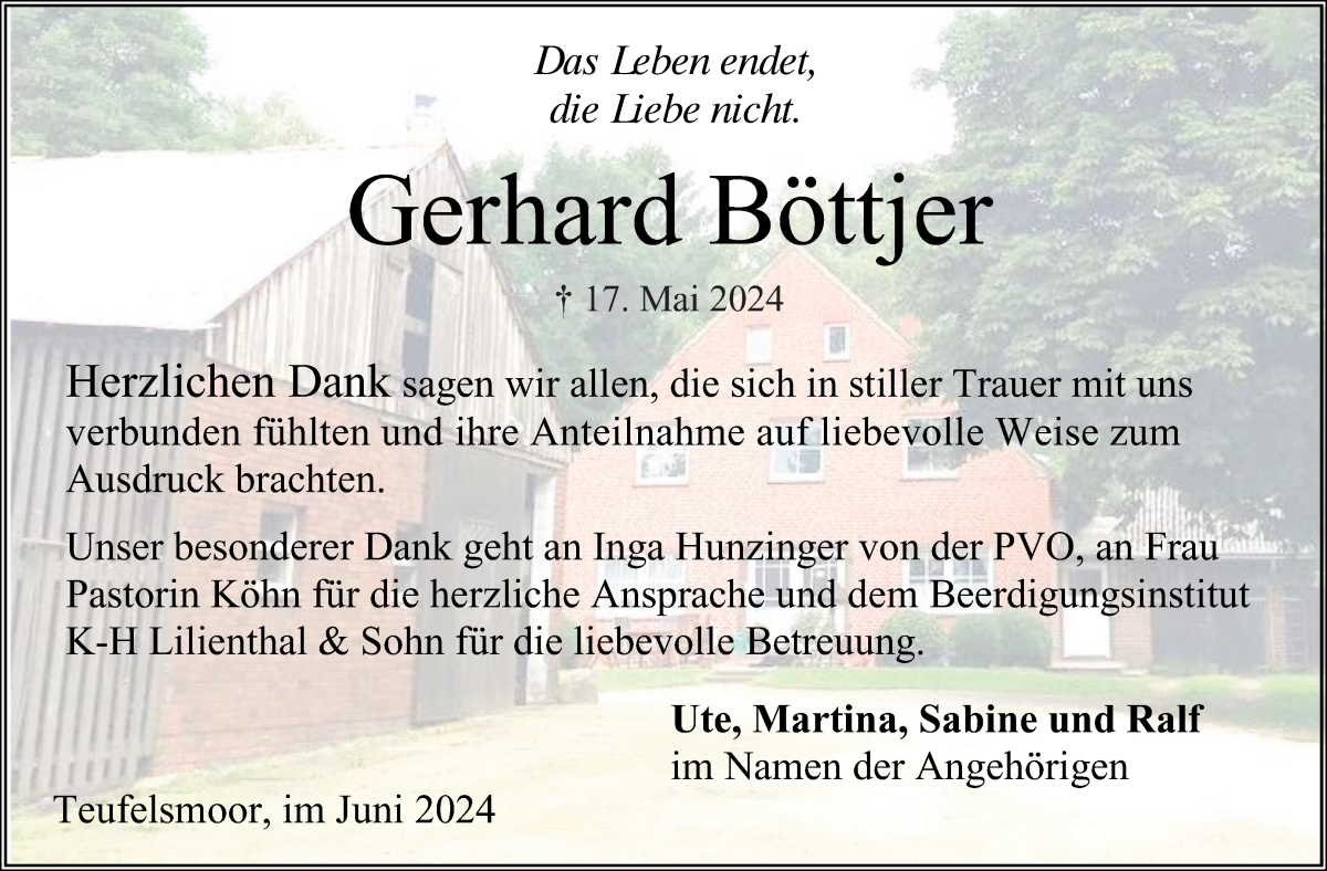 Traueranzeige von Gerhard Böttjer von Osterholzer Kreisblatt