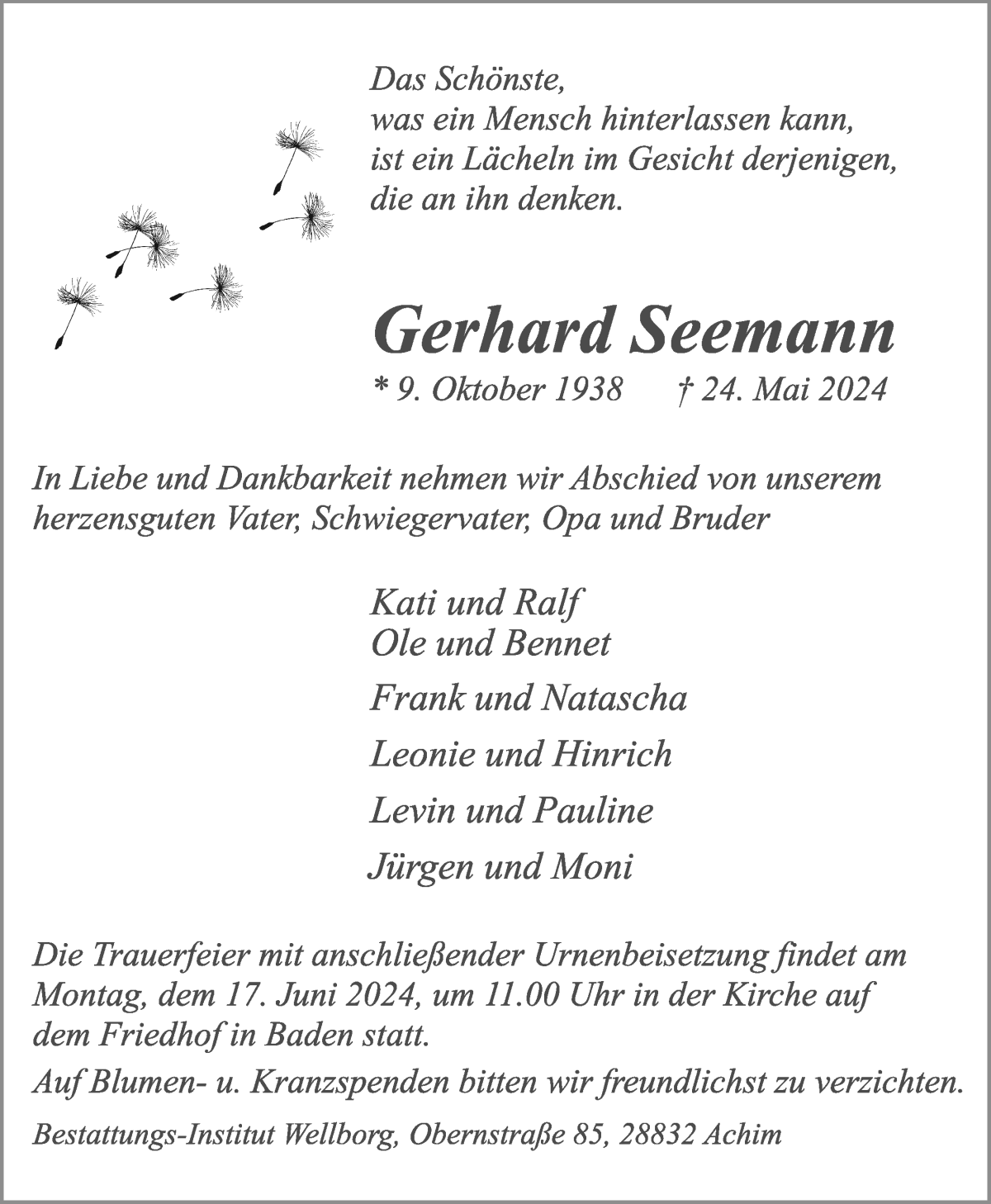 Traueranzeige von Gerhard Seemann von WESER-KURIER