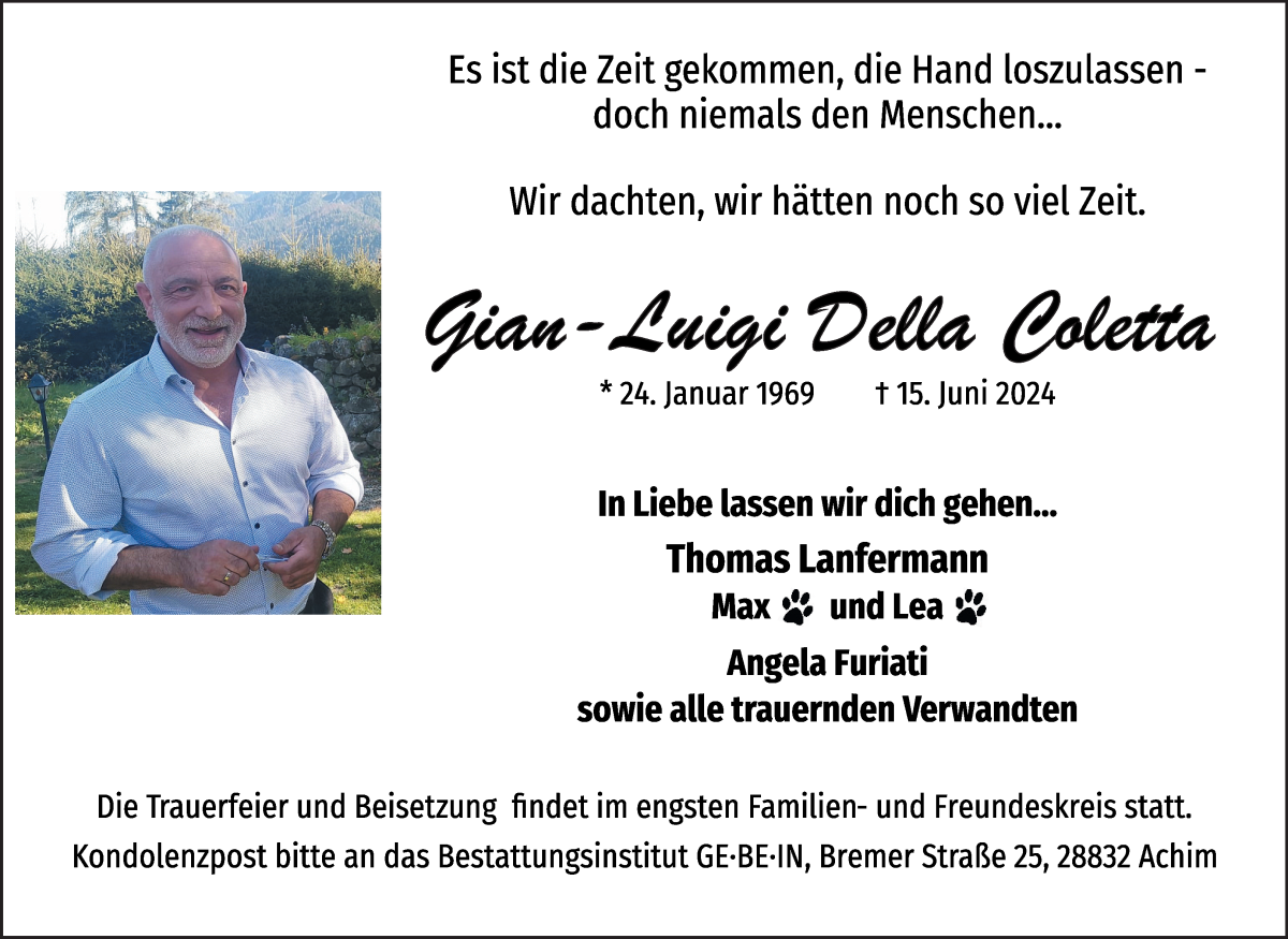 Traueranzeige von Gian-Luigi Della Coletta von Achimer Kurier/Verdener Nachrichten