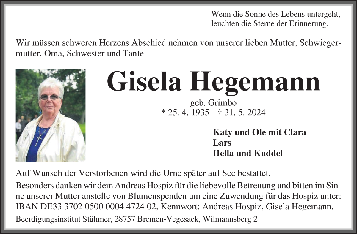 Traueranzeige von Gisela Hegemann von Die Norddeutsche