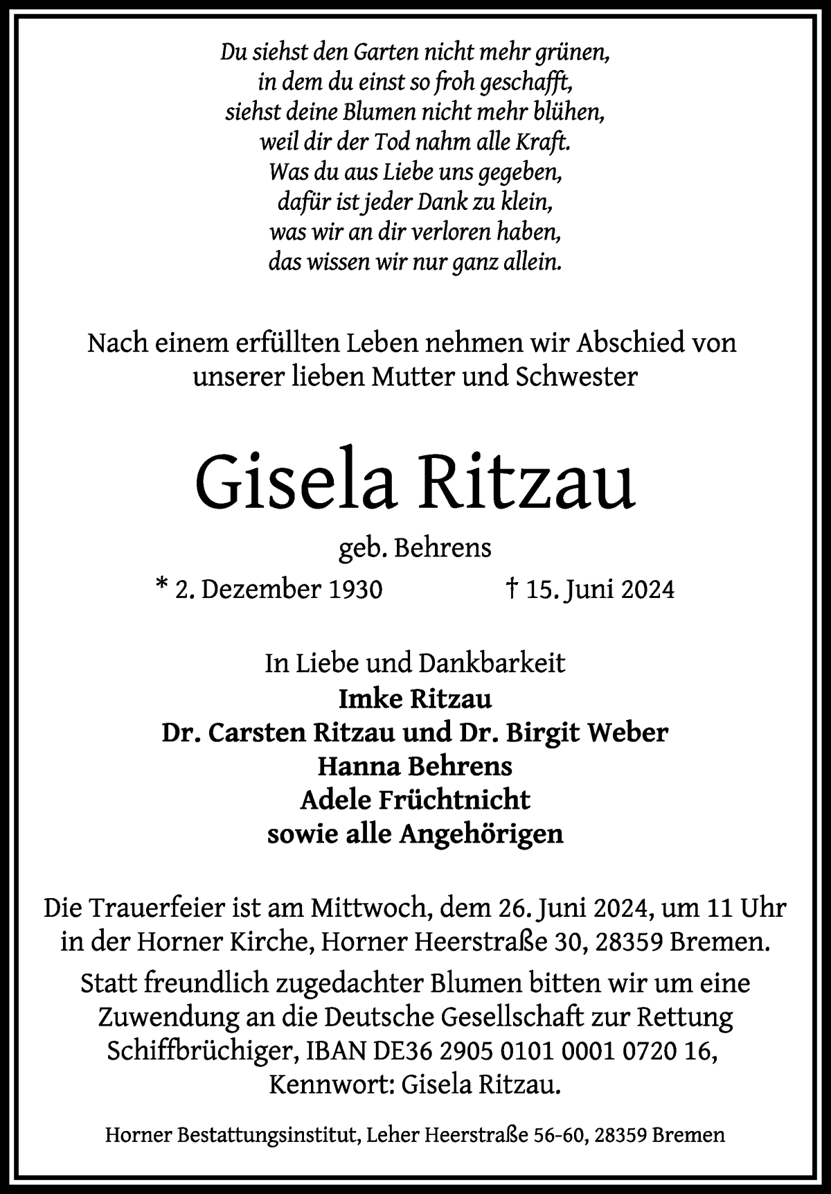 Traueranzeige von Gisela Ritzau von WESER-KURIER