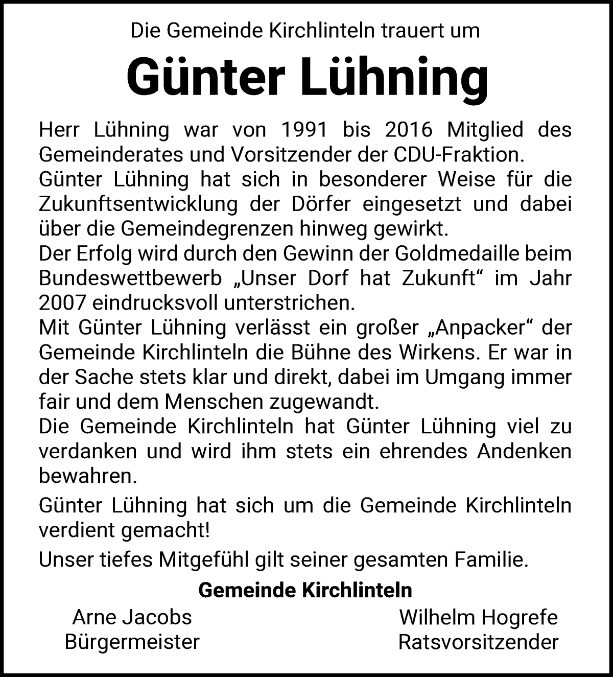 Traueranzeige von Günter Lühning von Achimer Kurier/Verdener Nachrichten