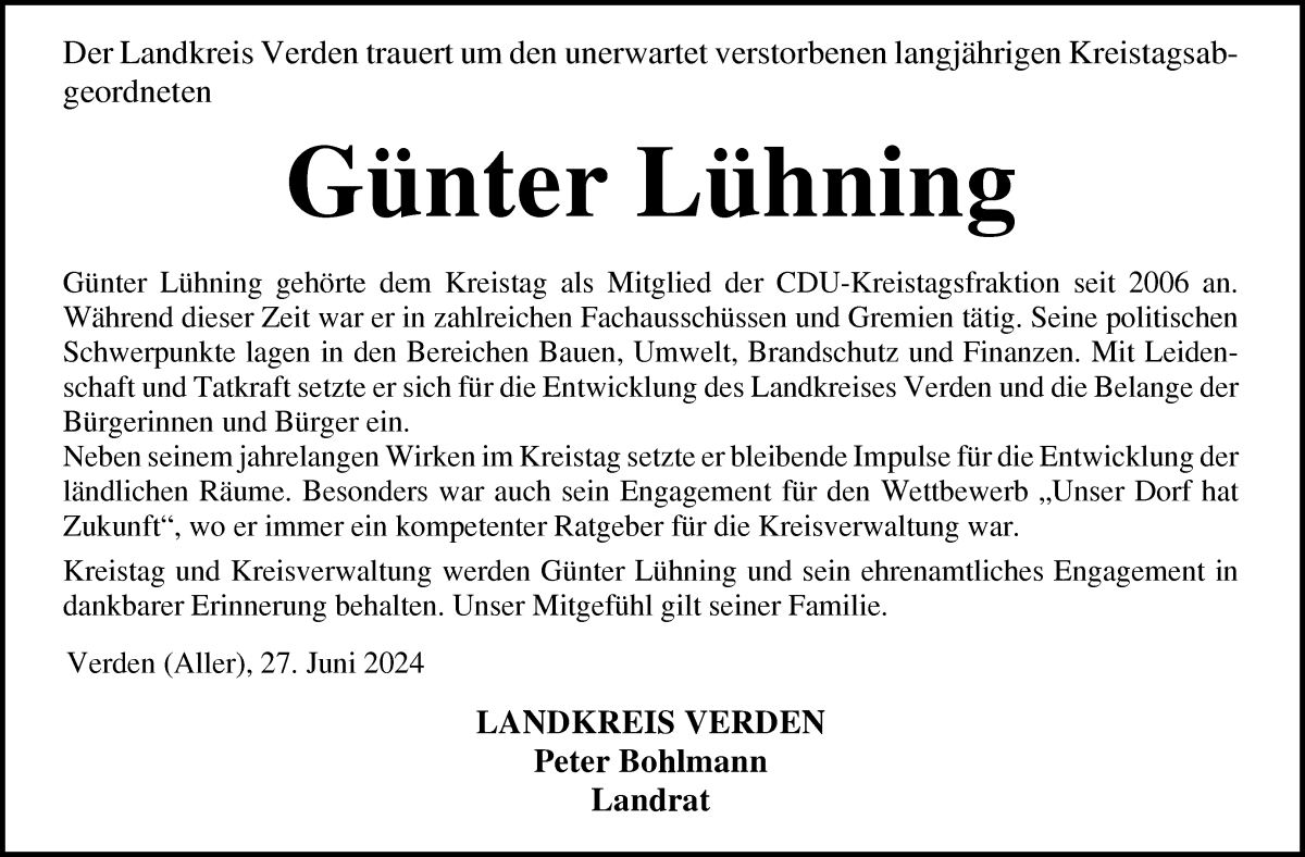 Traueranzeige von Günter Lühning von Achimer Kurier/Verdener Nachrichten