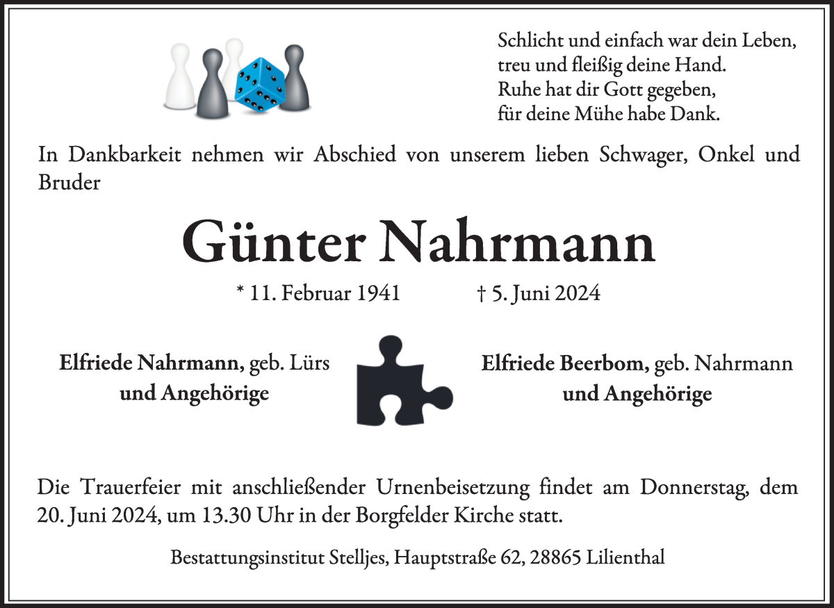 Traueranzeige von Günter Nahrmann von Wuemme Zeitung