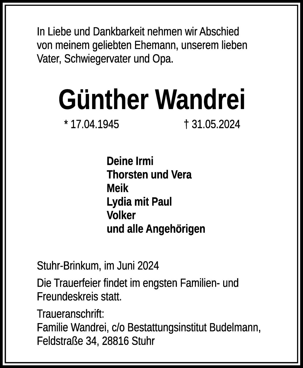 Traueranzeige von Günther Wandrei von WESER-KURIER