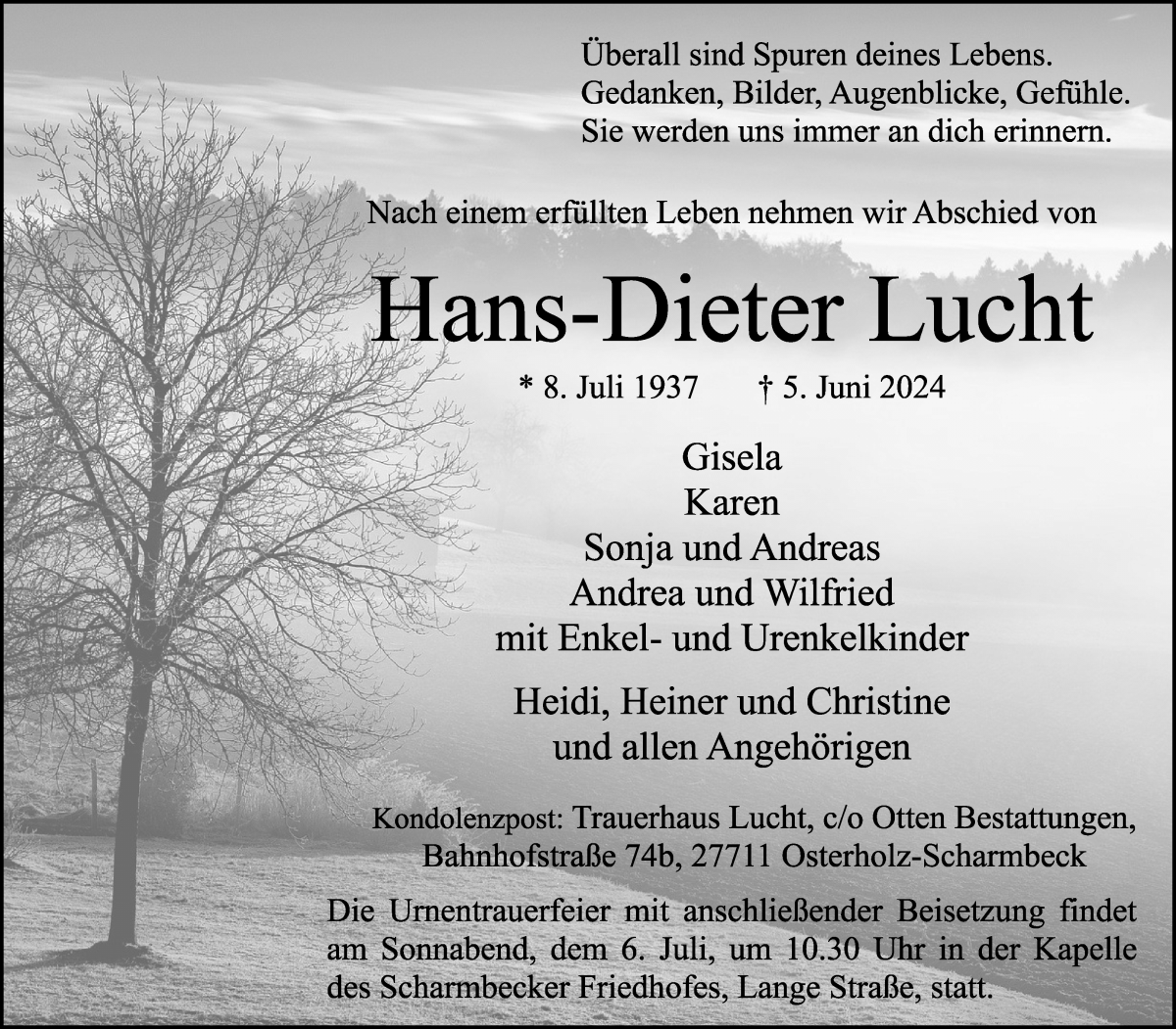 Traueranzeige von Hans-Dieter Lucht von Osterholzer Kreisblatt