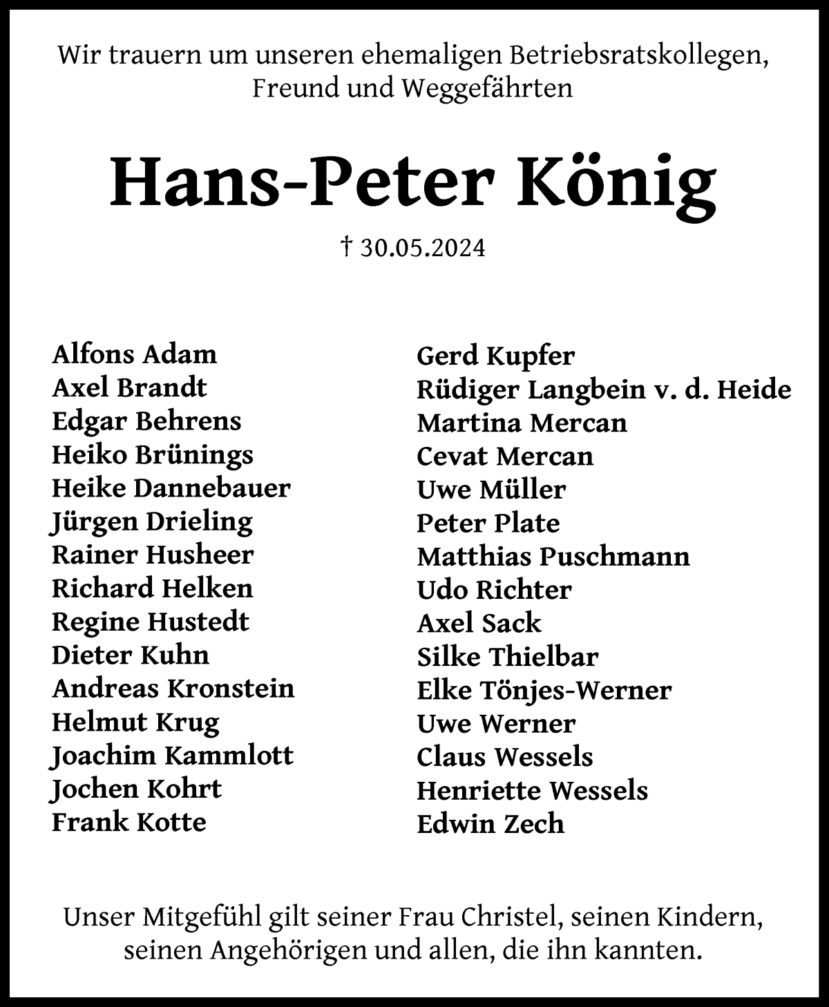 Traueranzeige von Hans-Peter König von WESER-KURIER