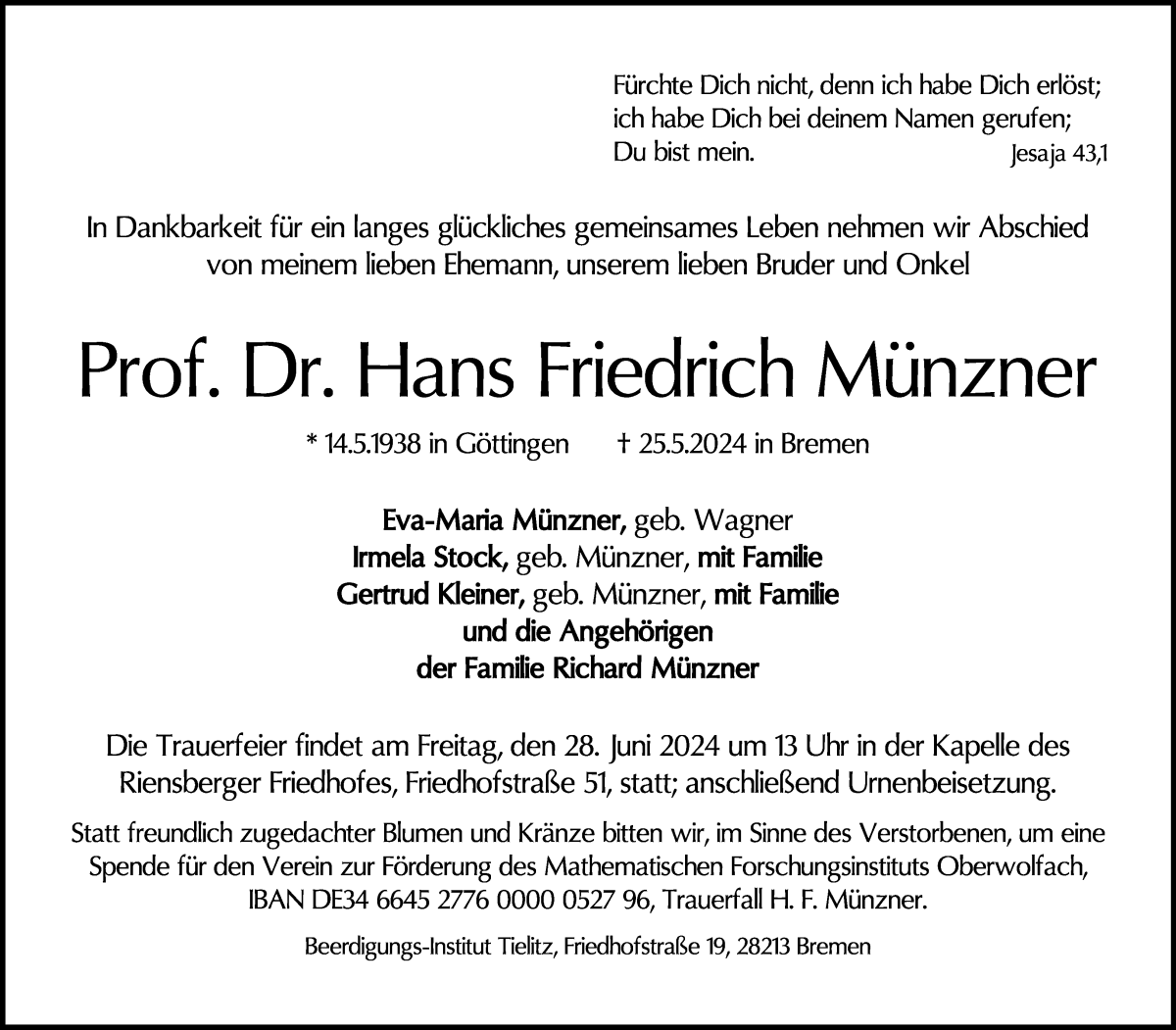Traueranzeige von Hans Friedrich Münzner von WESER-KURIER