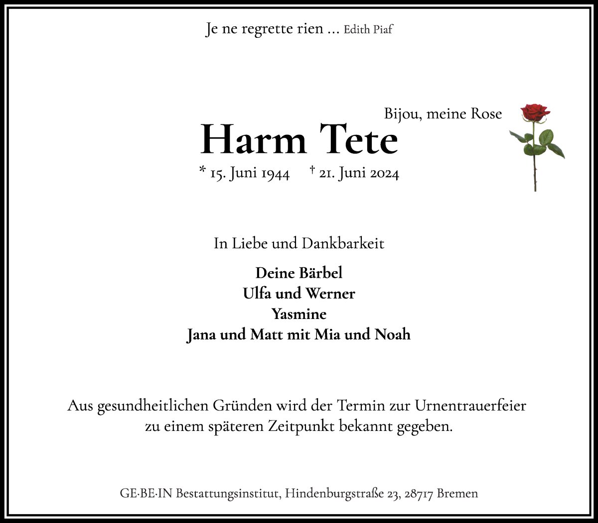 Traueranzeige von Harm Tete von WESER-KURIER