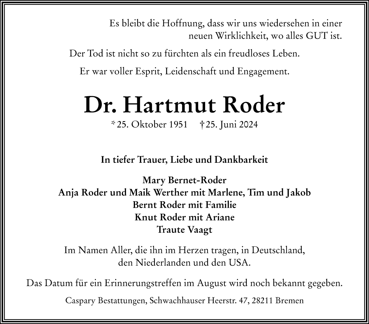 Traueranzeige von Hartmut Roder von WESER-KURIER