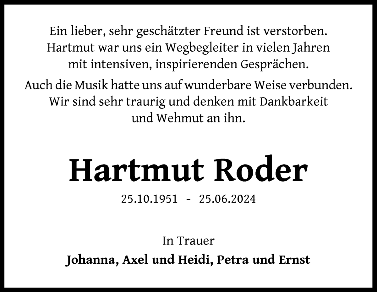 Traueranzeige von Hartmut Roder von WESER-KURIER
