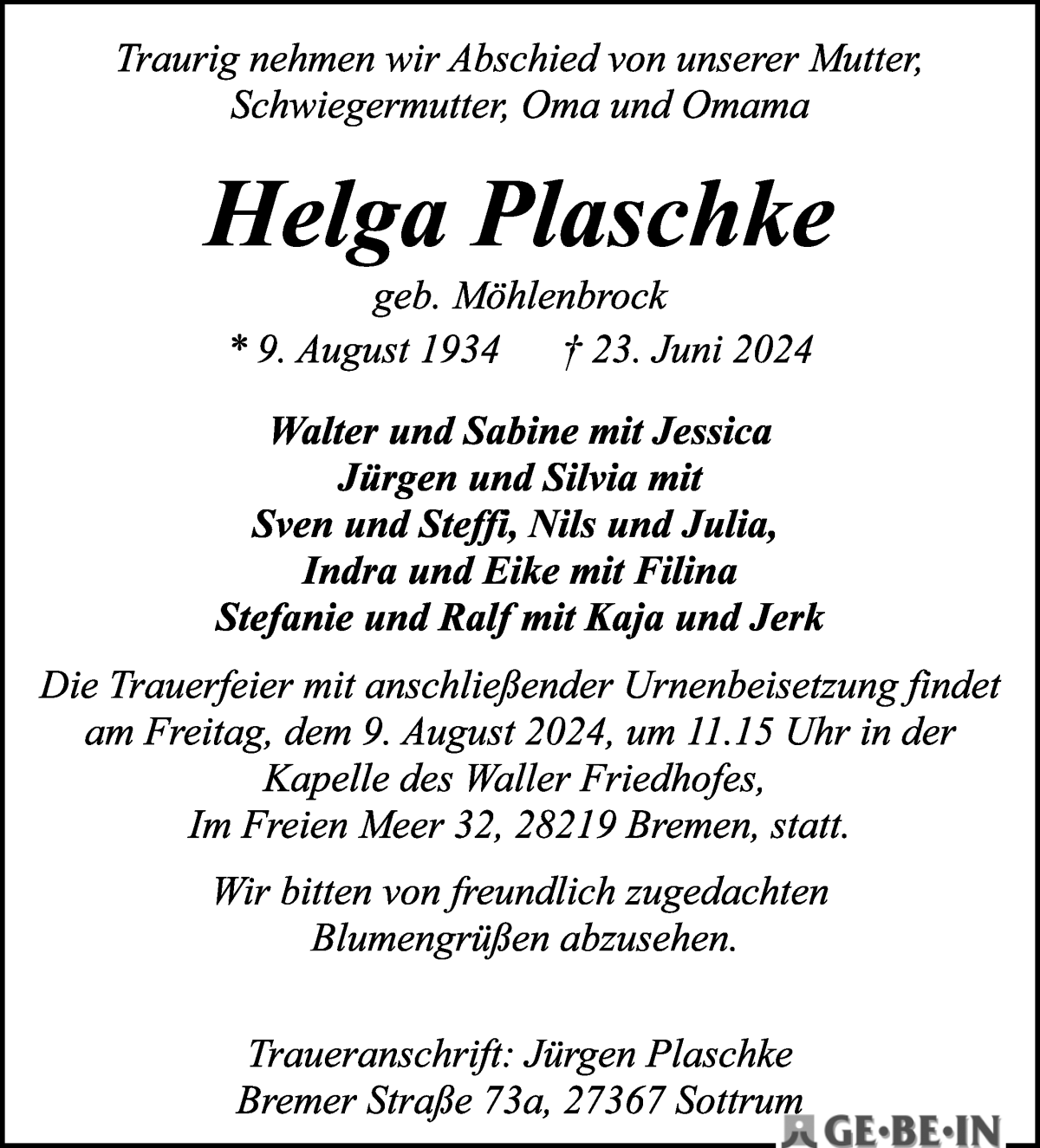 Traueranzeige von Helga Plaschke von WESER-KURIER