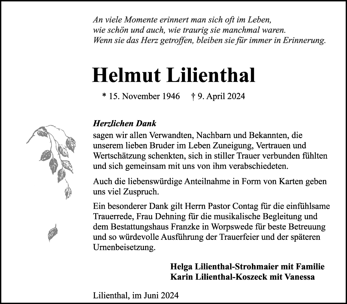 Traueranzeige von Helmut Lilienthal von Wuemme Zeitung